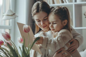 A woman is reading a card to a young girl. The girl is wearing a white sweater and is holding the woman's arm