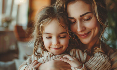 A woman lovingly hugs a young girl, both smiling softly, in a cozy indoor setting. Warmth and maternal affection are palpable.