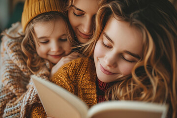 A woman and a little girl are sitting together on a couch, reading a book.