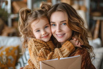 A woman is reading a card to a young girl. The girl is wearing a white sweater and is holding the woman's arm