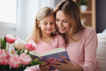 A woman and a little girl are sitting together on a couch, reading a book.