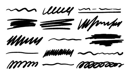 Set of hand drawn marker strikethrough and underline strokes. Different scribble lines and brush strokes. Vector illustration.