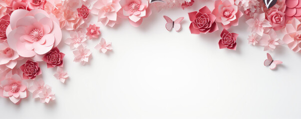 A white background with pink flowers and butterflies. The flowers are arranged in a way that they look like they are blooming. The butterflies are scattered throughout the image
