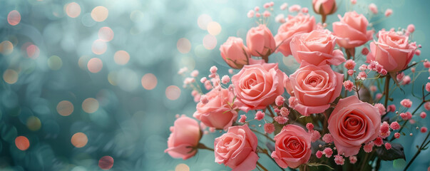 A bouquet of pink roses with a blue background. The roses are arranged in a vase and are the main focus of the image. The blue background adds a sense of calmness and serenity to the scene