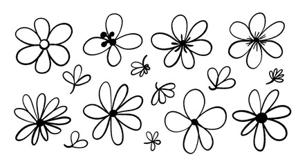 Doodle flowers decoration elements design. Set of vector floral elements isolated on white background.