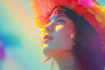 A woman wearing a colorful hat and a flowery headband. She is looking up at the sky