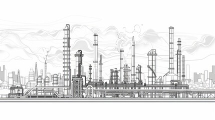 Line drawing depicting an industrial landscape featuring an oil refinery plant, representing the oil industry, with the sky depicted in a separate layer.