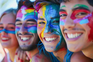 A group of people with colorful face paint are smiling and posing for a picture. Scene is cheerful and fun, as the group appears to be enjoying themselves and celebrating together