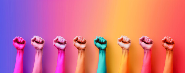 A group of people are holding up their hands in a rainbow of colors. LGBT concept. Poster design. Rainbow fist rased up. Gay Pride. - obrazy, fototapety, plakaty