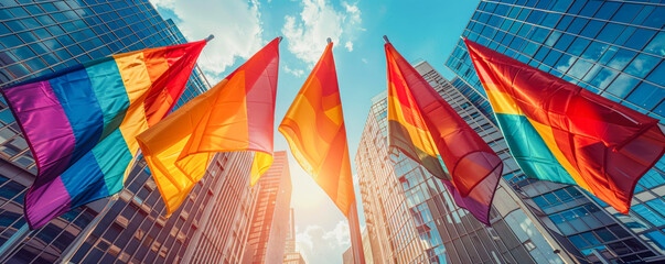 A group of flags are flying high in the sky above a city. The flags are of different colors and sizes, and they are arranged in a way that creates a sense of unity and diversity