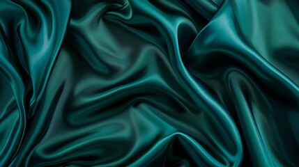 Fototapeta premium Dark teal green silk satin. Shiny smooth fabric. Soft folds. Luxury background with space for design. web banner. Flat lay, top view table. Birthday, Christmas, Valentine, New year