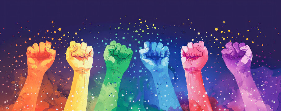 A group of people are holding up their hands in a rainbow of colors. LGBT concept. Poster design. Rainbow fist rased up. Gay Pride.
