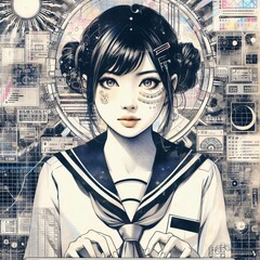 Japanisches Mädchen Fantasie Formen Linien - obrazy, fototapety, plakaty