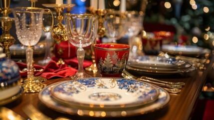 Fototapeta premium A festive dining table set with exquisite tableware, ready to welcome guests for a memorable meal.