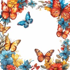 A Wreath of Butterflies and Flowers on a White Background