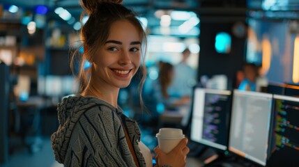 Smiling Woman Holding Coffee Cup