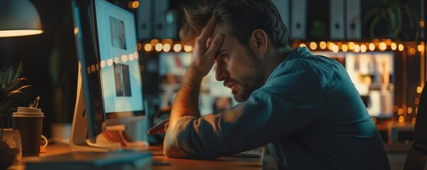 Obraz premium Exhausted man working late night in an office
