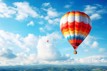Hot air balloon flying high in blue sky. Background with selective focus and copy space