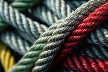 Colorful ropes of different colors. Close up. Selective focus.