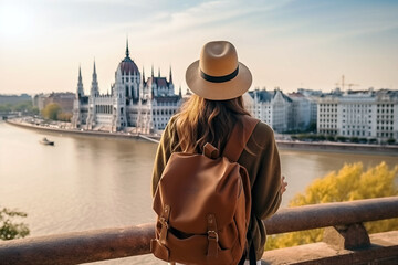 Back view of young female tourist enjoys the view of the city. Blurred background with copy space