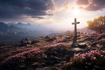 Scenic Easter Morning with Cross on Hill Amidst Blossoming Flowers