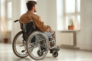 Man in wheelchair indoors looking away