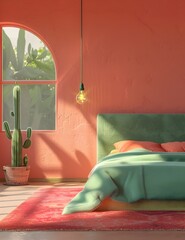 A bed with soft pastel colors and cacti, a pink rug on the floor, an arched window with sunlight streaming in, and a hanging light bulb above it