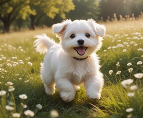 Maltese domestic dog puppy running across a meadow, Rhineland-Palatinate