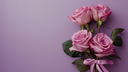 A lovely arrangement of pink roses tied with a bow set against a lilac background featuring copy space and a wedding theme