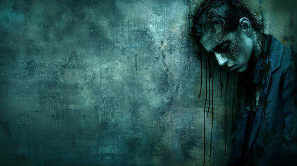 man with Melancholy: Heavy sighs, distant gaze, soul weighed down with sorrow. - obrazy, fototapety, plakaty