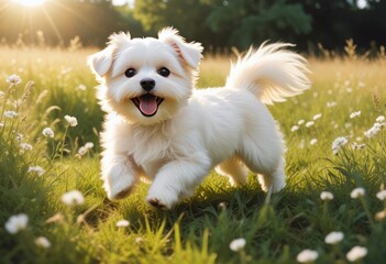 Maltese domestic dog puppy running across a meadow, Rhineland-Palatinate