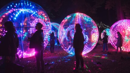 A group of people standing in front of a collection of glowing, illuminated balls.