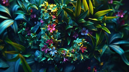 Letter "L" wrapped in wild flowers and bamboo leaves.