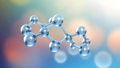 Molecular structure with transparent spheres and rods against a color blurred background create with ai