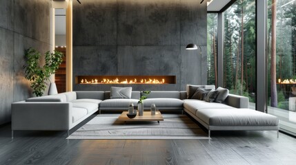 A modern living room adorned with a sleek, minimalist fireplace, the epitome of contemporary elegance."