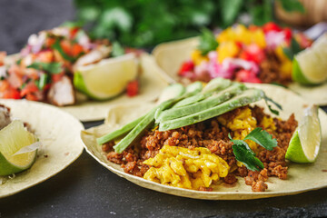 set of delicious fresh colorful tacos on a dark background