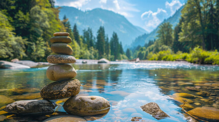 Photo of balanced stones in a river, background with a forest and mountain landscape, summer time, sunny day. - Powered by Adobe