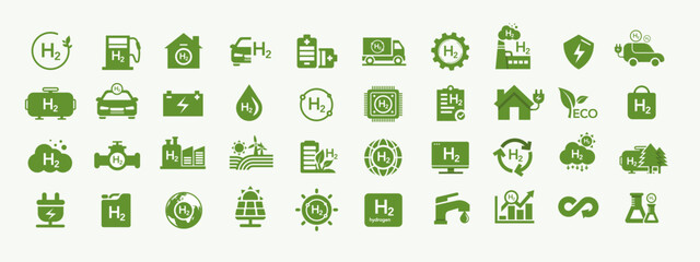 Green clean hydrogen concept. With icons set of sustainable environmental, H2 energy, green industry and alternative energy in the future.