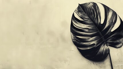   A large leaf in black and white against a white and beige background, framed by a binary border