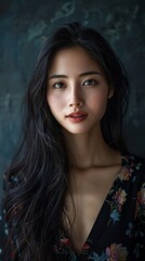 Fototapeta premium Woman With Long Black Hair Wearing Floral Dress