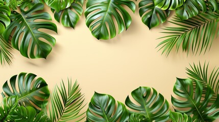   A backdrop of beige, featuring a mass of verdant tropical leaves, with an allocated space for text or an insertable image and text
