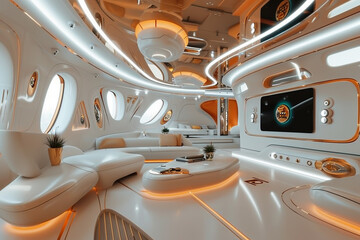 A futuristic living room featuring peach accents and state-of-the-art entertainment systems. 