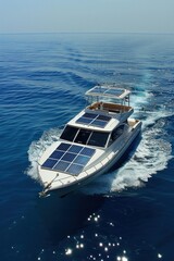 Obraz premium Solar-powered boat cruising on a clear blue ocean.
