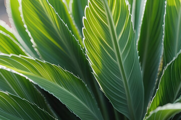 Close-up of vibrant green leaves with distinctive white stripes, showcasing intricate textures and the natural beauty of a lush, healthy plant in a tranquil setting