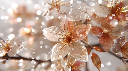   A tight shot of flower blooms on a branch, adorned with water beads on their petals and leaves