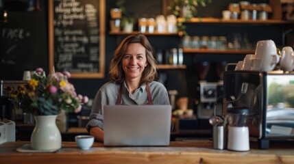 Smiling Woman with Laptop in Cafe