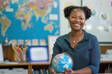African American female teacher holding a globe in a classroom.