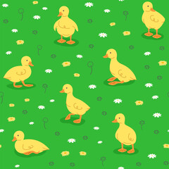 Stoffe zum Nähen Cute little goslings playing in green meadow. Seamless background pattern. Hand drawn cartoon baby goose in different poses having fun in green grass. Vibrant wallpaper or textile pattern for kids