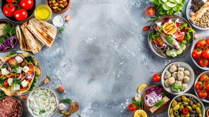 Greek food background. Meze, gyros, souvlaki, fried fish, pita, greek salad, tzatziki, assortment of feta, olives and vegetables.