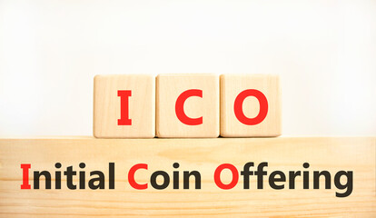 ICO initial coin offering symbol. Concept words ICO initial coin offering on beautiful wooden blocks. Beautiful white background. Business ICO initial coin offering concept. Copy space. - obrazy, fototapety, plakaty